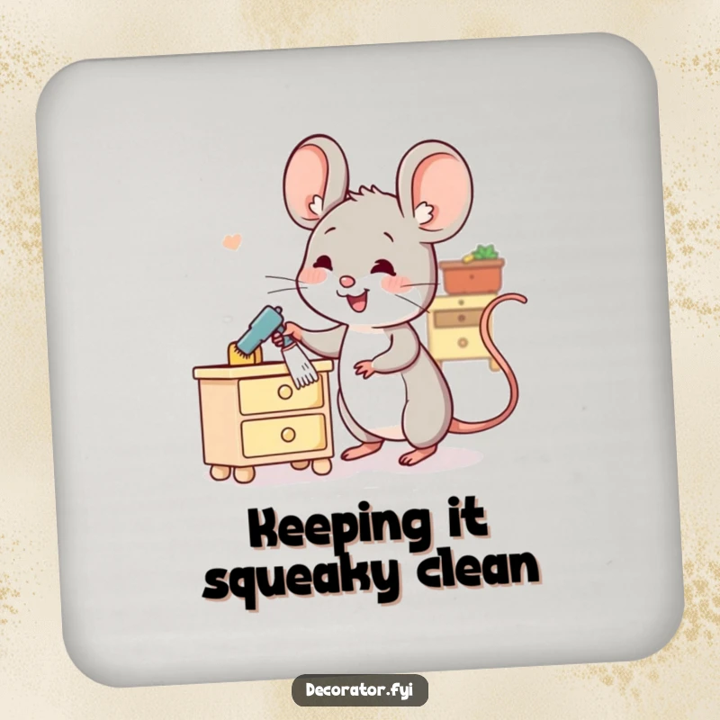 Funny drink coaster with a cheerful mouse character dusting a miniature item, adding a touch of cleanliness and humor.