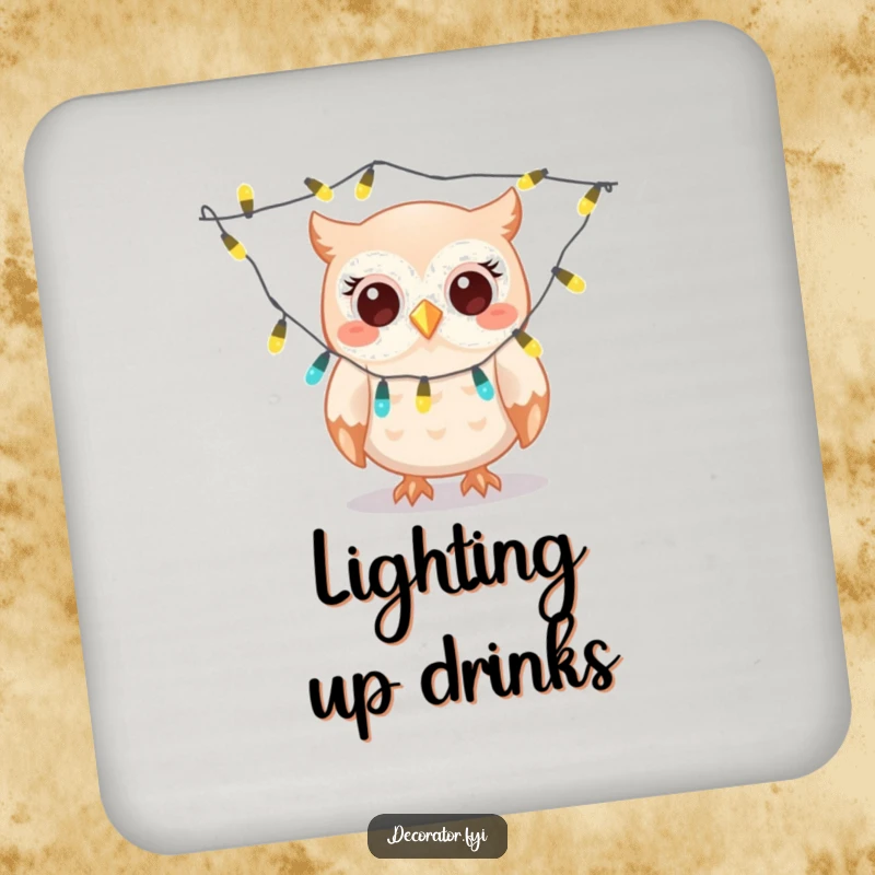 Funny owl coasters, a giggling character gleefully draping twinkling lights, adding humorous festive flair to drink settings.