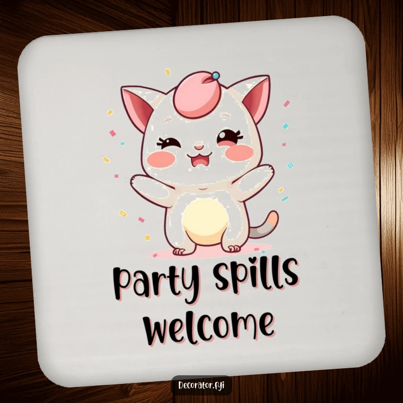 Funny drink coaster featuring a mischievous character playfully adding a whimsical touch with confetti, protecting surfaces with a humorous touch of party spirit.