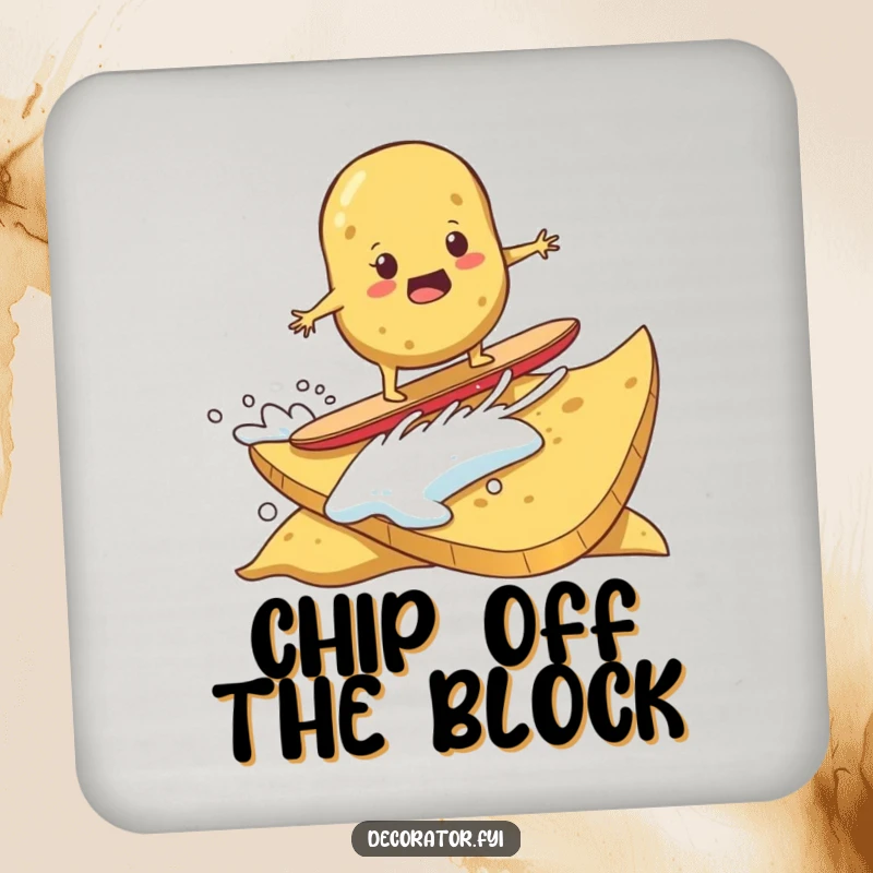 Funny drink coaster showing a determined potato surfing on a giant potato chip. Protects surfaces humorously.
