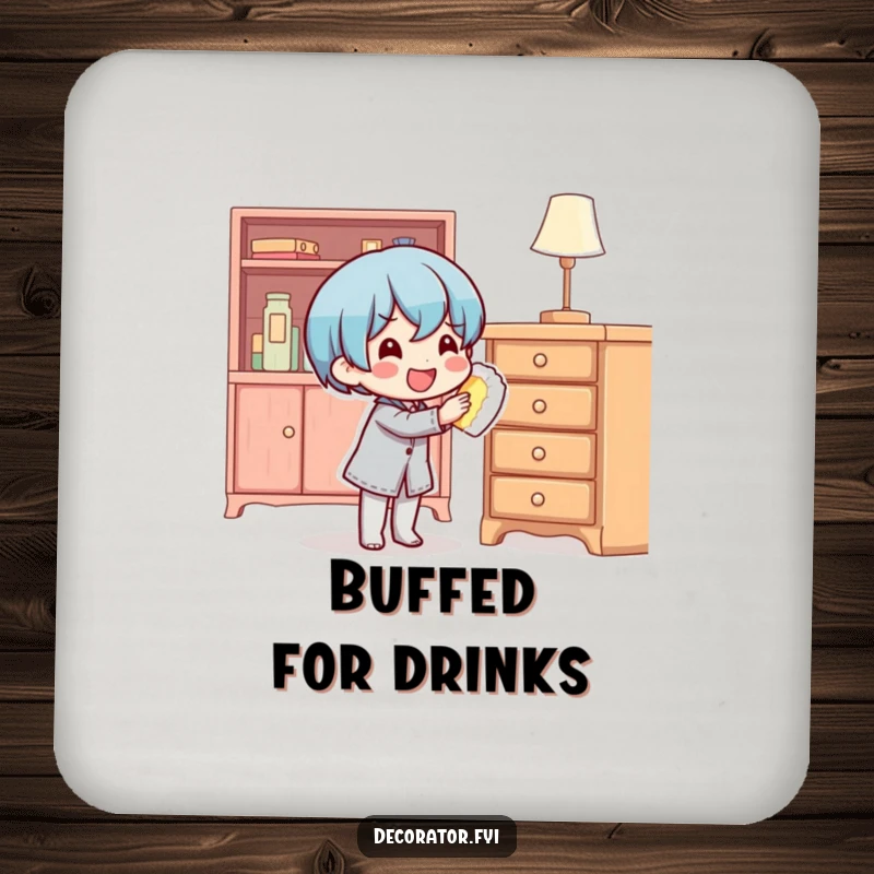 Funny content character happily polishing furniture on a round drink coaster, adding humor and shine.