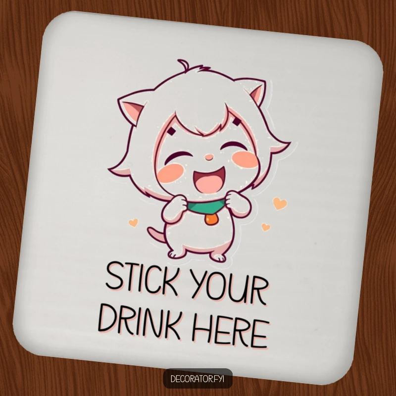 Funny Drink Coaster with a mischievous character caught mid-giggle while placing a funny sticker, adding humor to drinks.