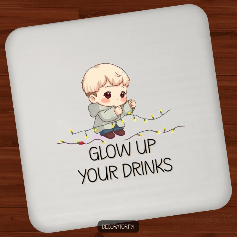 Funny Drink Coaster: Character focused on carefully placing fairy lights on a garland.