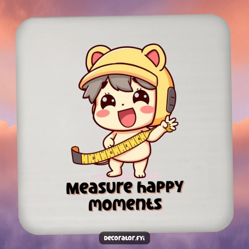 Funny Coaster: A delighted character using a tape measure with comical exaggeration, for your table.