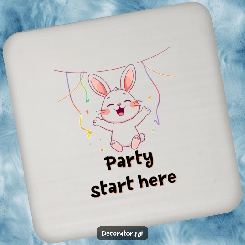 Funny joyous rabbit character hanging colorful streamers with a cheerful bounce, adding a humorous and protective element to a drink coaster.