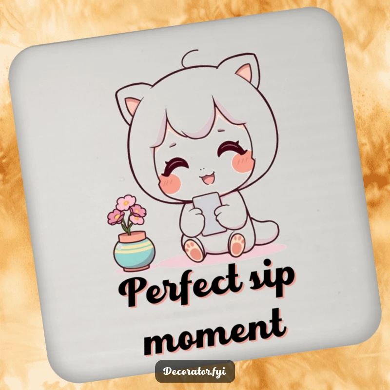 Funny decor coaster showing a contented character admiring a perfectly placed accent piece, adding sophisticated fun.