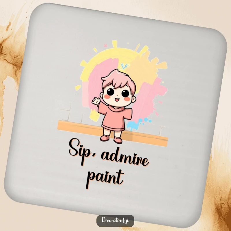 Funny drink coaster featuring a cheerful character admiring a freshly painted wall with pride, protecting surfaces with a humorous touch of accomplishment.