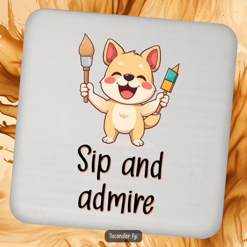 Funny dog drink coasters featuring a delighted dog artist holding a paintbrush, protecting furniture with artistic flair and humor.