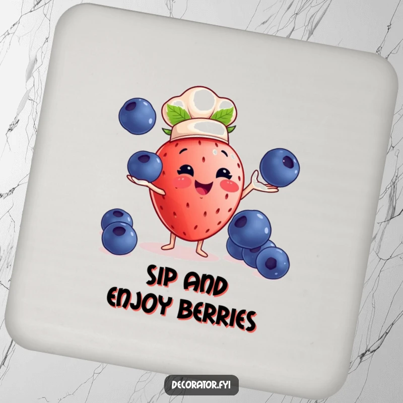 Funny strawberry chef drink coasters: a strawberry juggles blueberries, protecting surfaces with humor.