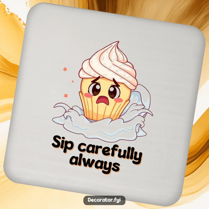 Funny cupcake frosting tsunami drink coasters: a cupcake flees frosting, protecting surfaces humorously.