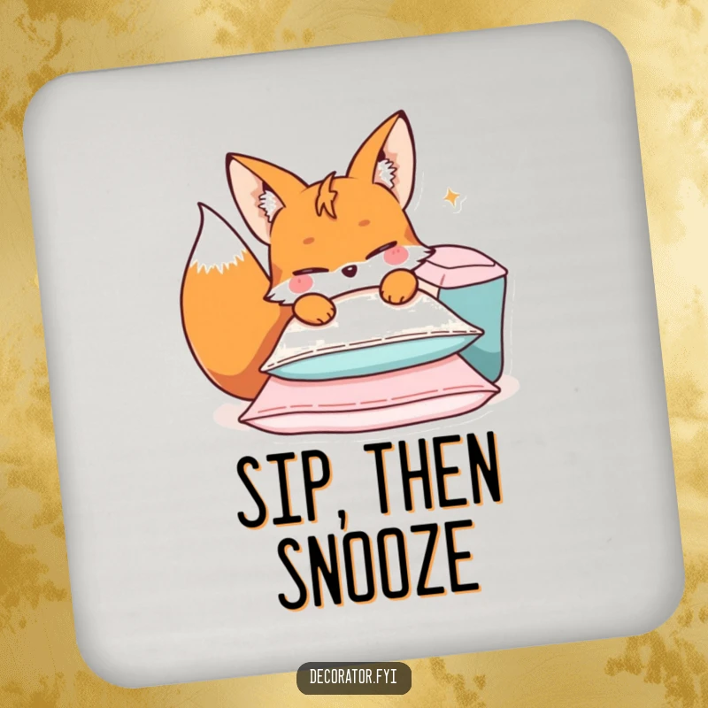 Funny coaster set with a mischievous fox character arranging cushions, protecting furniture with playful charm.