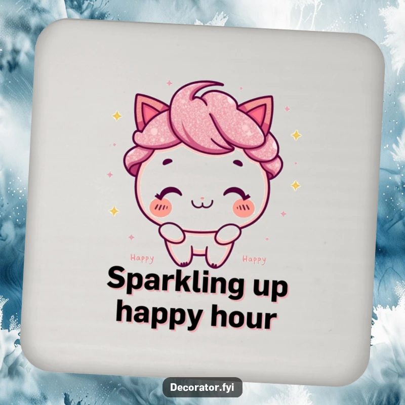 Funny Drink Coaster: Character with a happy smile, sprinkling shimmering glitter.