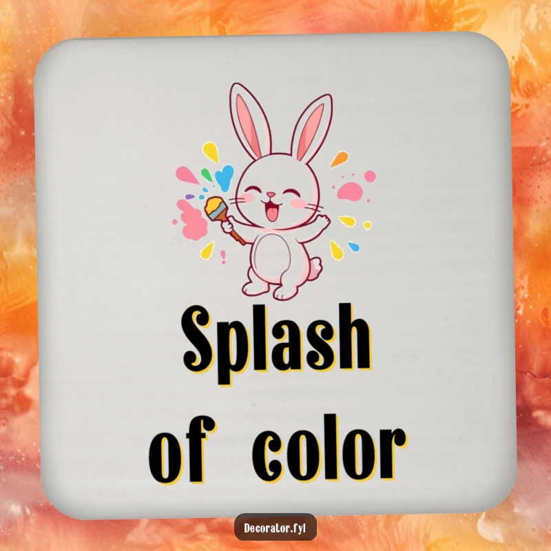 Funny drink coaster showing a cute bunny character excitedly applying colorful paint to a wall, protecting surfaces.
