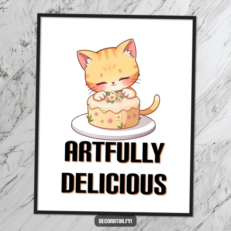 Funny curious cat meticulously decorates a small cake with tiny flowers, creating a delightful scene for a funny poster.