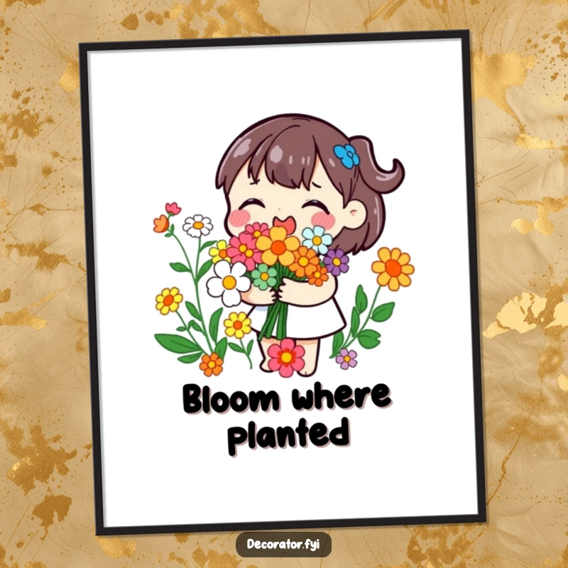 Funny poster of a playful character joyfully arranging colorful flowers into a bouquet, perfect for adding natural beauty and humor.