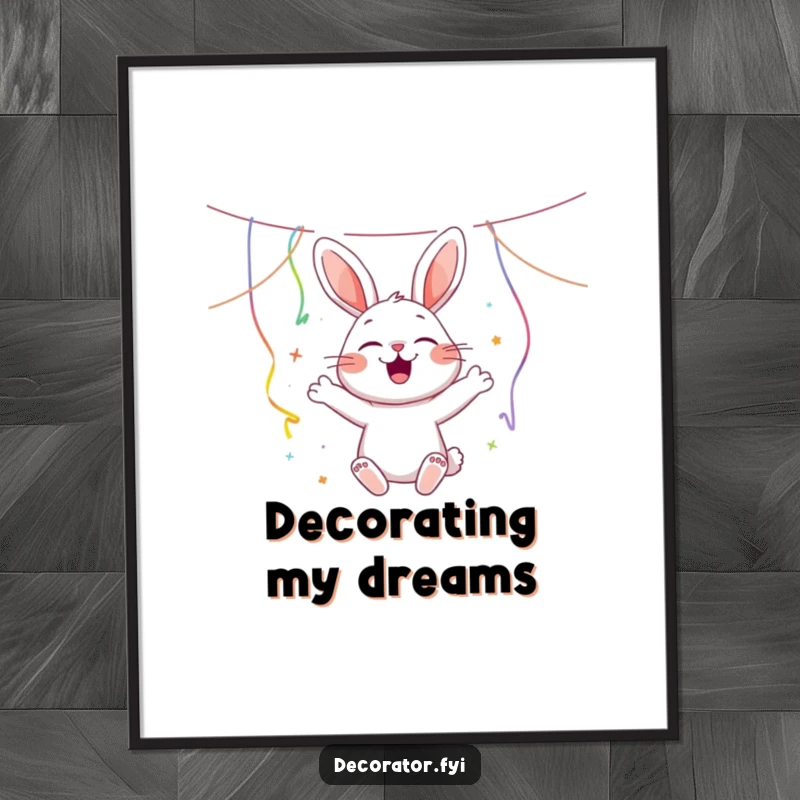 Funny happy rabbit character enthusiastically hanging colorful streamers, capturing a festive and joyful mood for a poster.