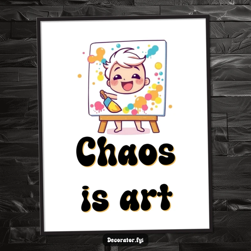 Funny poster of a happy character gleefully splattering vibrant paint onto a canvas with a broad brush, celebrating the messy joy of art.