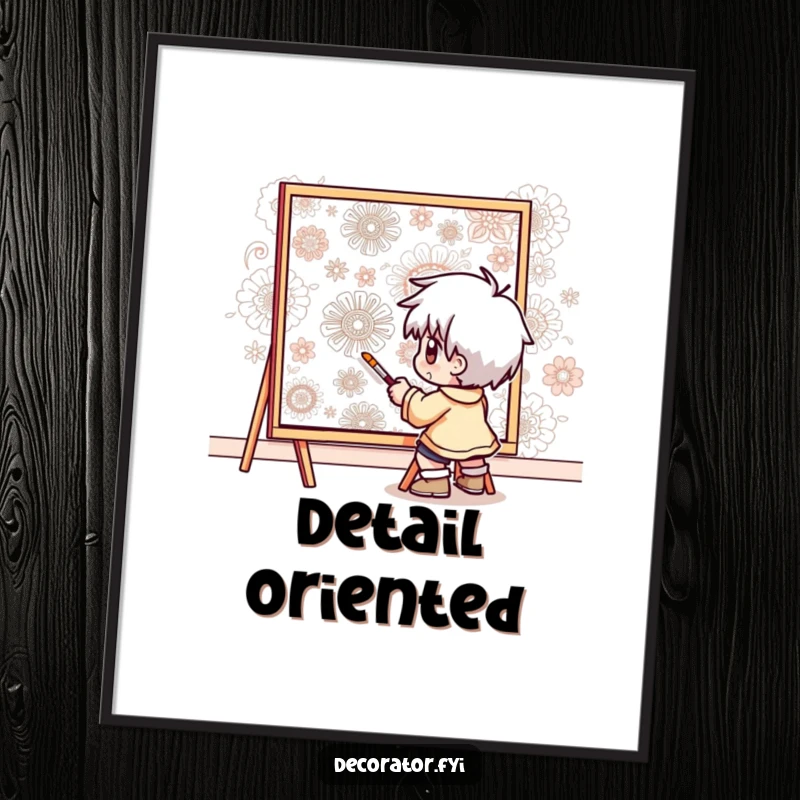 Funny poster of a determined character meticulously painting intricate patterns onto a wall, celebrating precision and artistic skill.