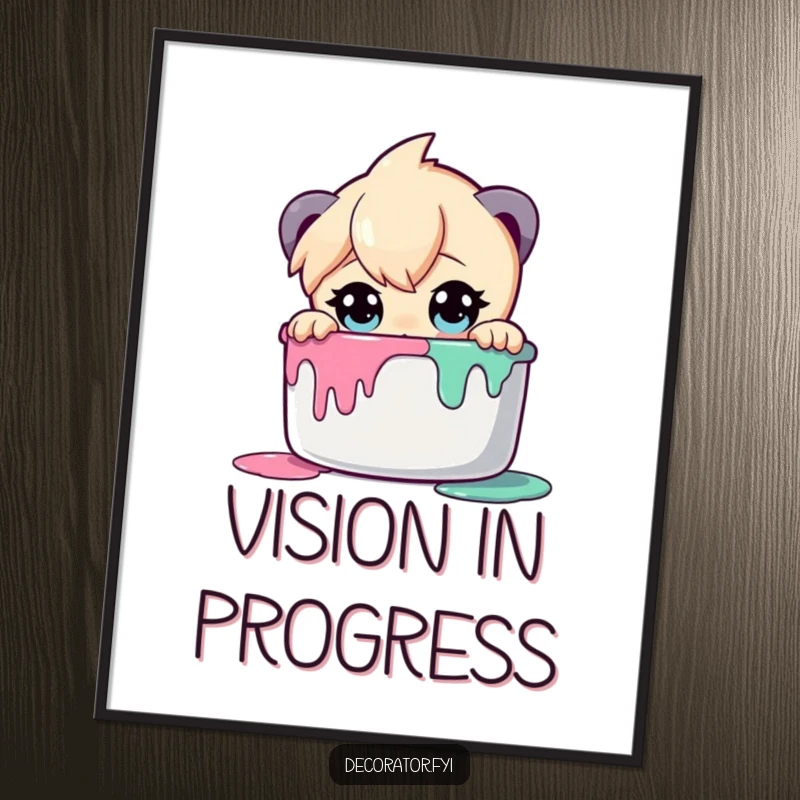 Funny poster depicting a curious character with wide eyes peering into a paint pot, celebrating artistic curiosity.