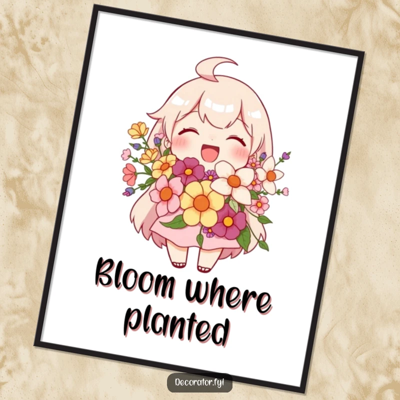 Funny poster of a joyful character proudly displaying a stunning floral arrangement, bringing cheer and floral beauty to any wall.