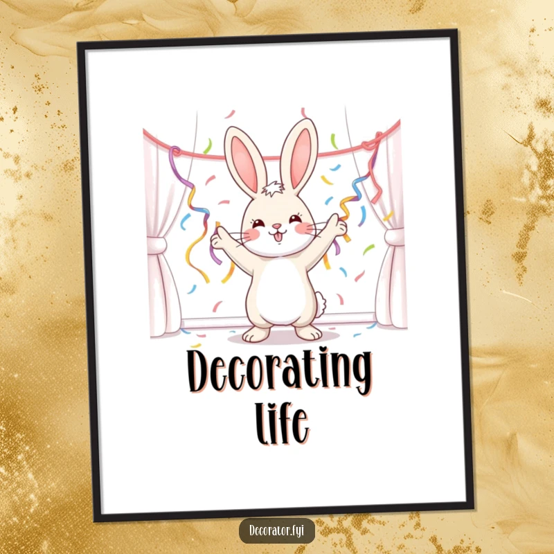 Funny bunny with a wide, happy smile, decorating a room with colorful streamers, creating a festive and joyful atmosphere, ideal wall art.