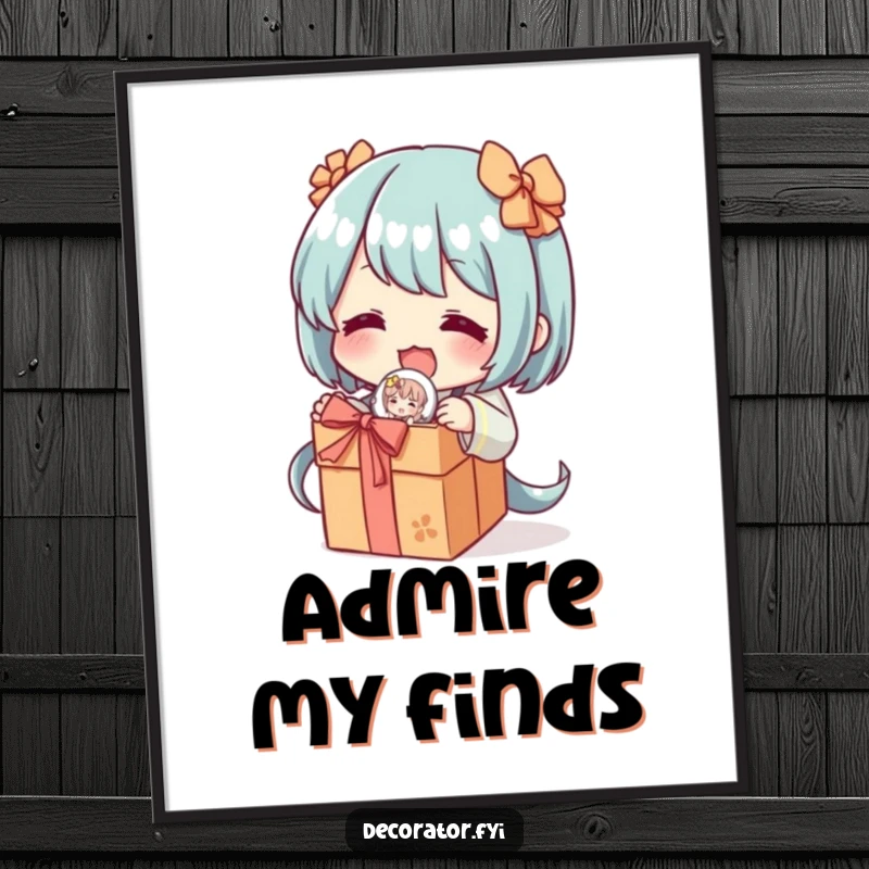 Funny poster showing a character excitedly unwrapping a delicate, decorative figurine, creating a humorous scene of pure collecting joy.