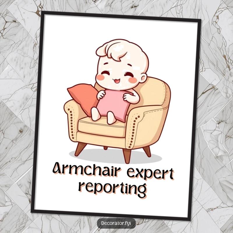 Funny Poster: A beaming character delicately arranges cushions on a sleek armchair, celebrating the art of home styling with a humorous and heartwarming touch.