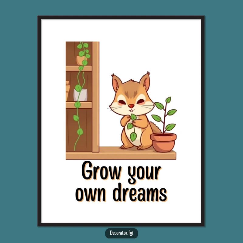 Funny Determined Squirrel Plant Poster: Vibrant Nature Art, Awesome Funny Gift