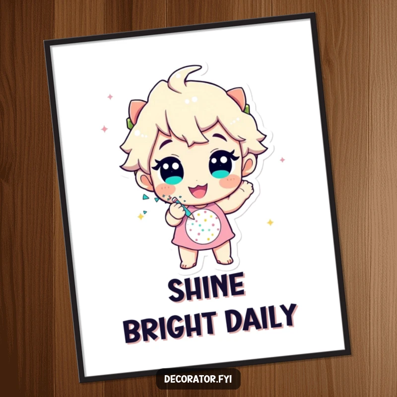 Funny poster featuring a cheerful character enthusiastically applying glitter to a festive design, perfect for adding sparkle to any room.