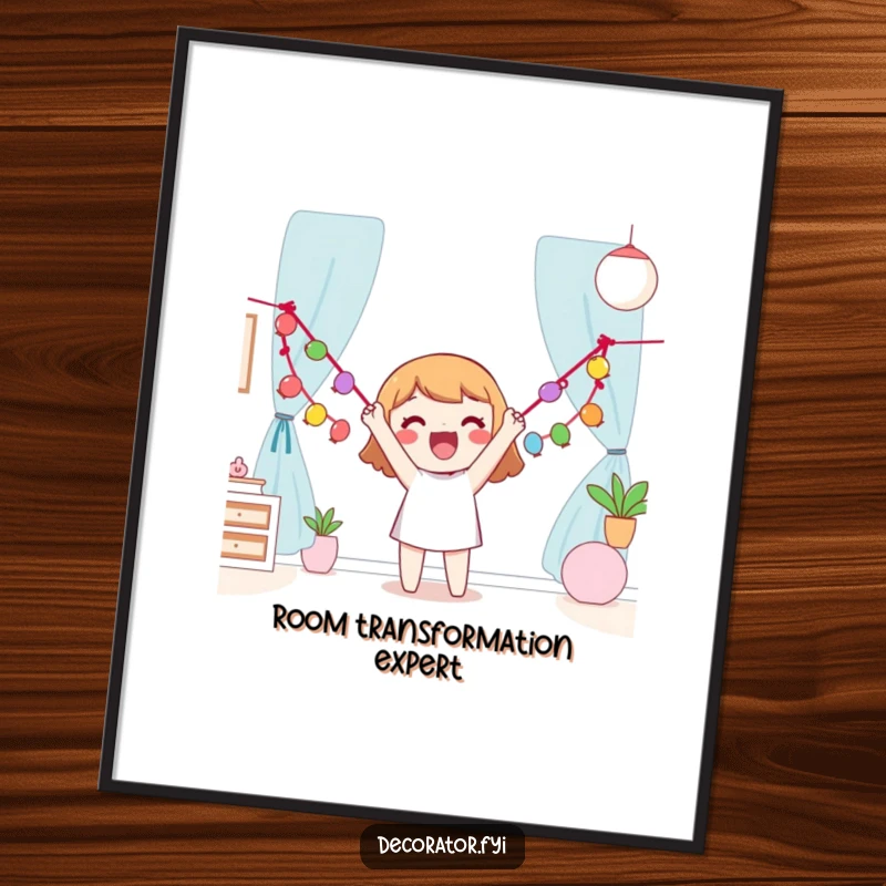 Funny Poster showcasing a happy character joyfully hanging a colorful garland, creating a festive and cheerful atmosphere.