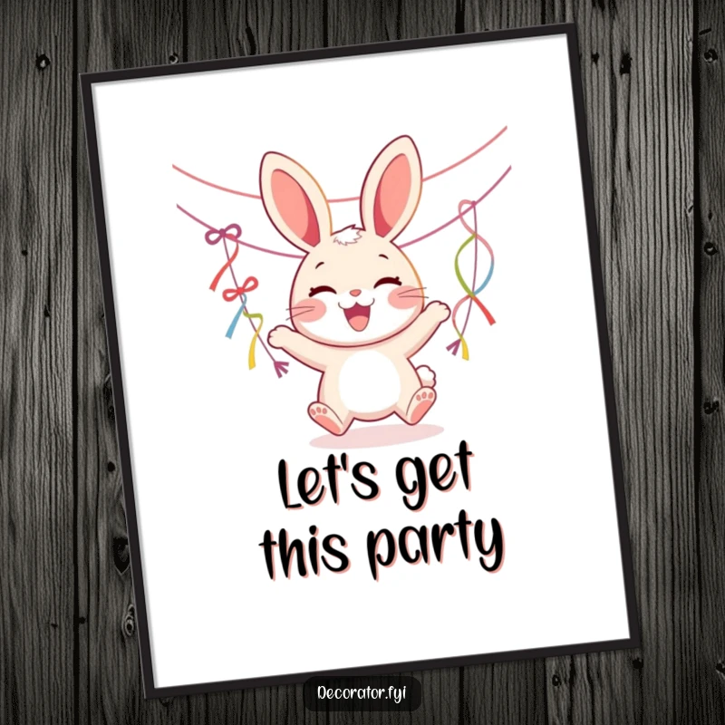 Funny poster art capturing a joyous rabbit character hanging colorful streamers with a cheerful bounce, perfect for party decor.