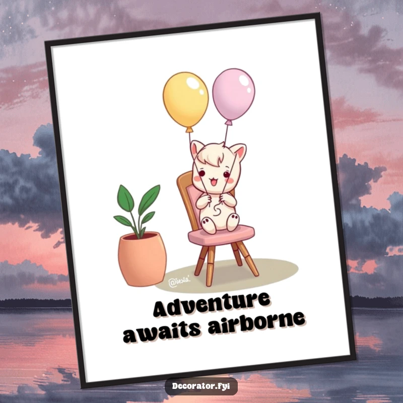Funny poster featuring a mischievous character tying balloons to a chair, adding a playful and humorous element to any room.