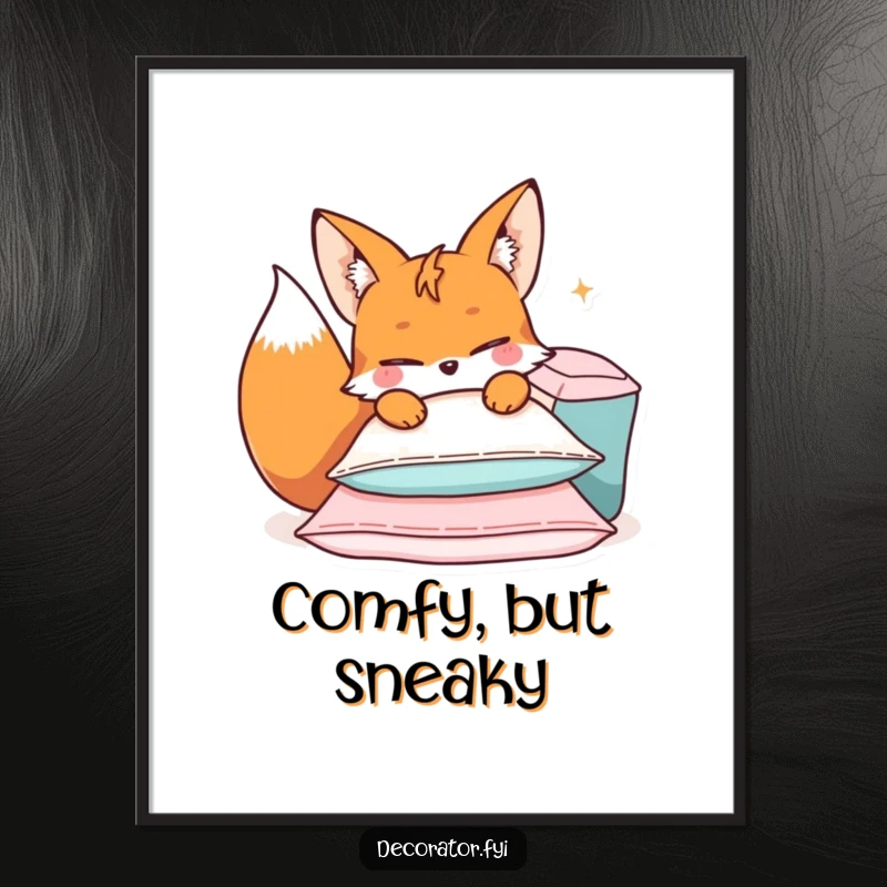Funny poster art of a mischievous fox character arranging a playful pile of cushions with a cheeky wink.