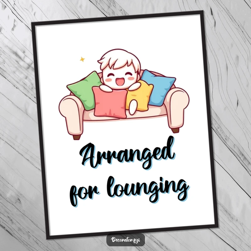 Funny poster of a playful character gleefully arranging colourful cushions on a sofa, bringing vibrant energy and humorous design to wall decor.