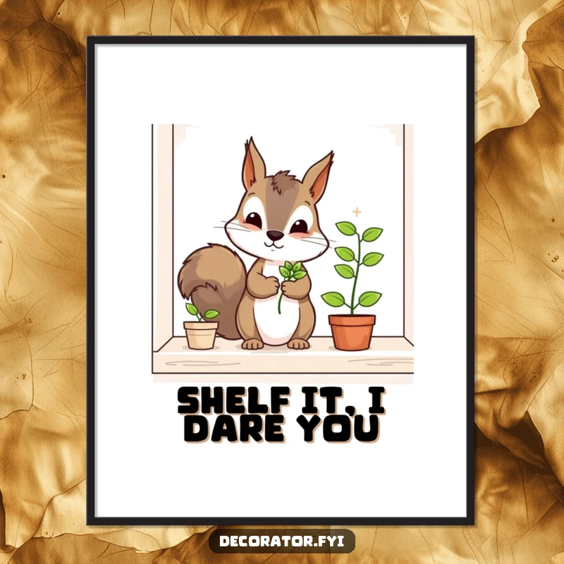 Funny squirrel poster, a determined character carefully placing a tiny plant on a shelf, bringing humorous gardening art to any wall space.