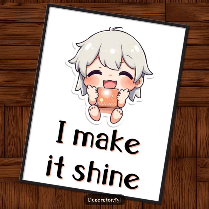 Funny poster showing a character joyfully applying a shiny sticker to a surface, creating a humorous scene of happy decoration and personalization.