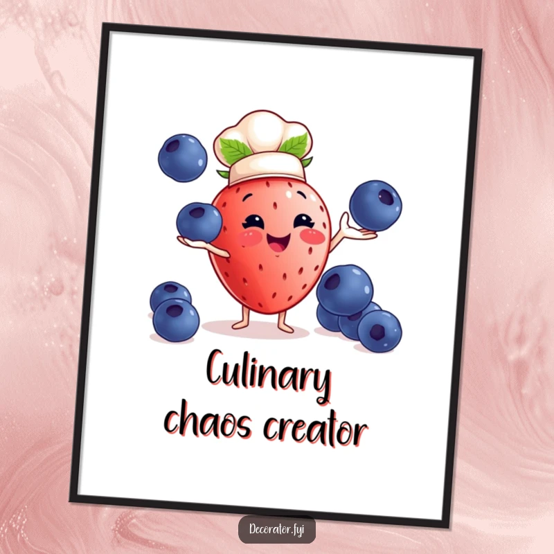 Funny strawberry chef poster: a strawberry in a chef hat juggles large blueberries, a whimsical illustration.