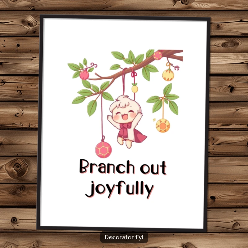 Funny poster of a delighted character happily hanging whimsical decorations from a branch, perfect for adding festive charm.