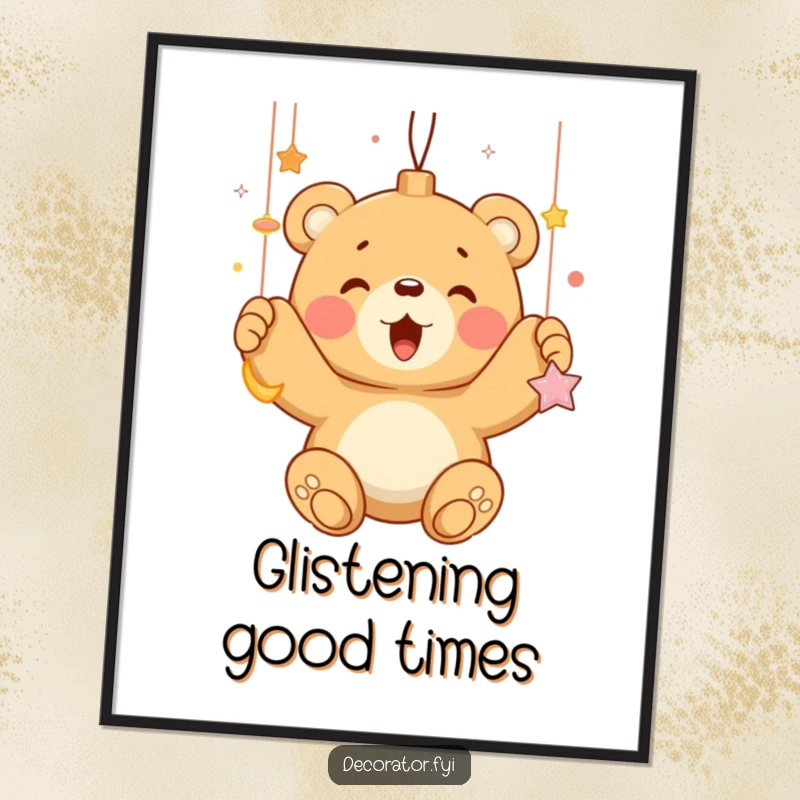 Funny bear cub enthusiastically hanging shiny ornaments, captured in a vibrant, high-resolution poster print.