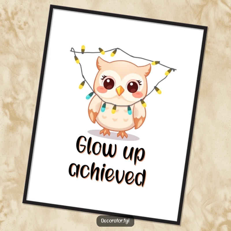 Funny owl poster, a giggling character gleefully draping twinkling lights, bringing humorous festive decoration art to any room.