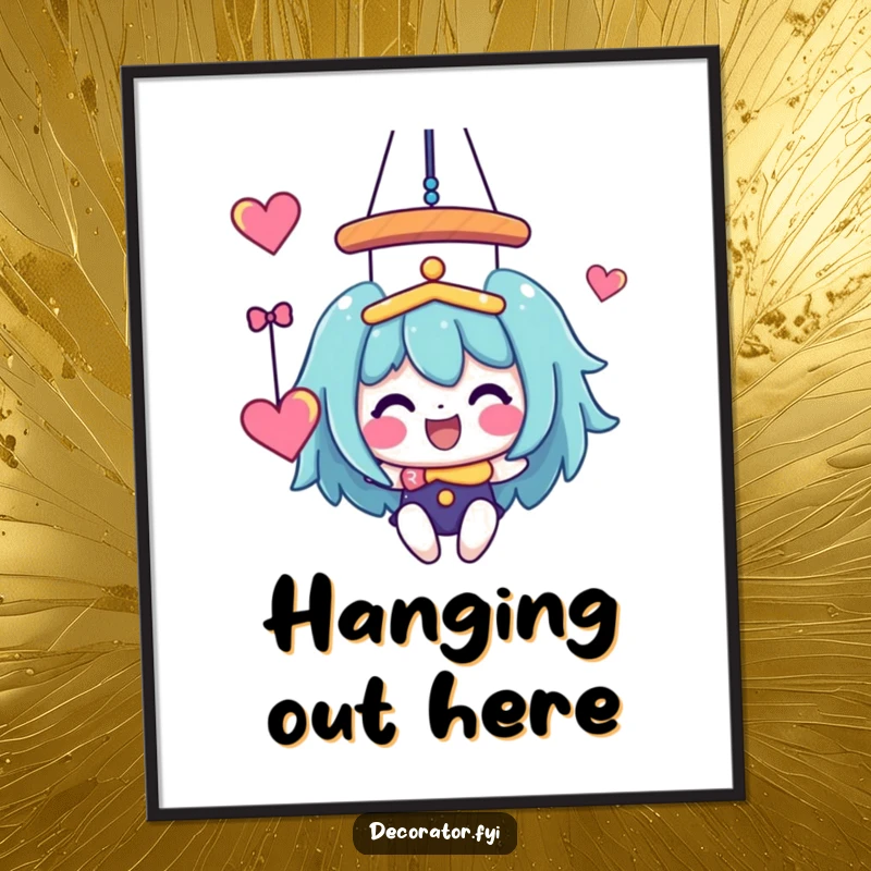 Funny Poster: A joyful character diligently hanging a whimsical, colorful mobile, creating a delightful art piece.