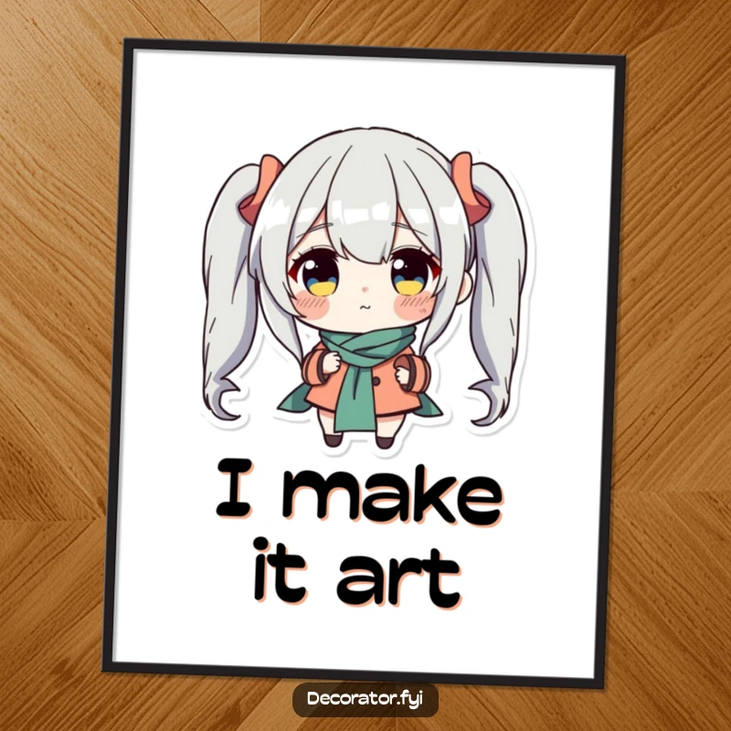 Funny poster featuring a determined character meticulously placing a charming accent piece, creating a humorous scene of interior design dedication for wall decor.