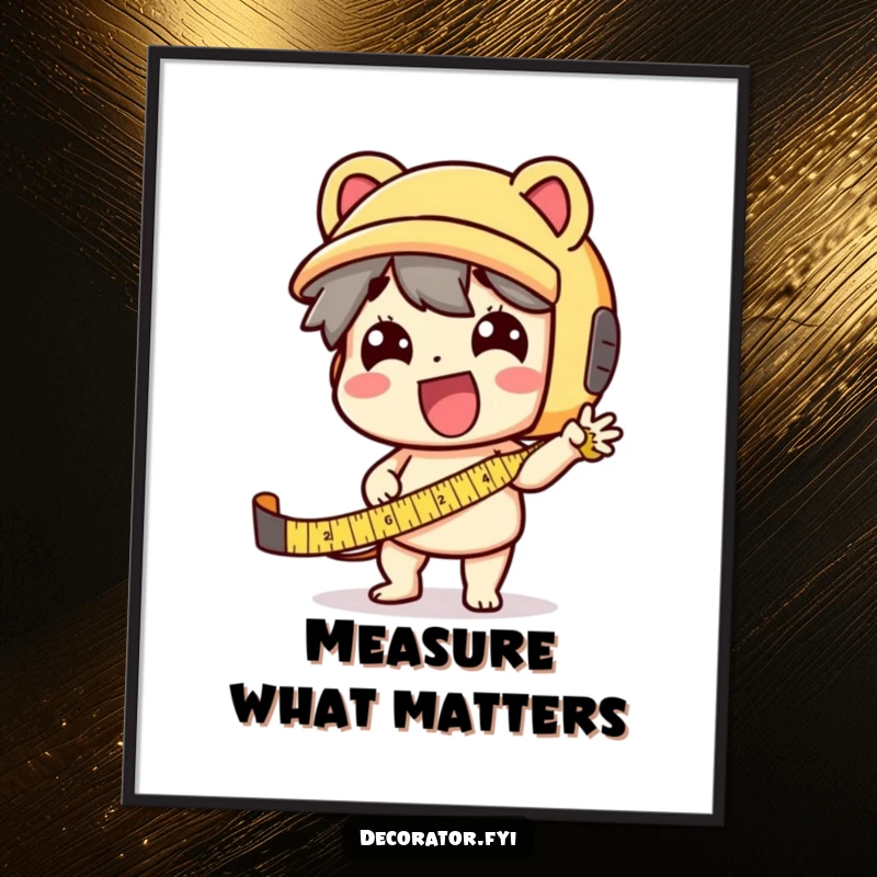 Funny Poster: A delighted character using a tape measure with comical exaggeration, celebrating diligent work.