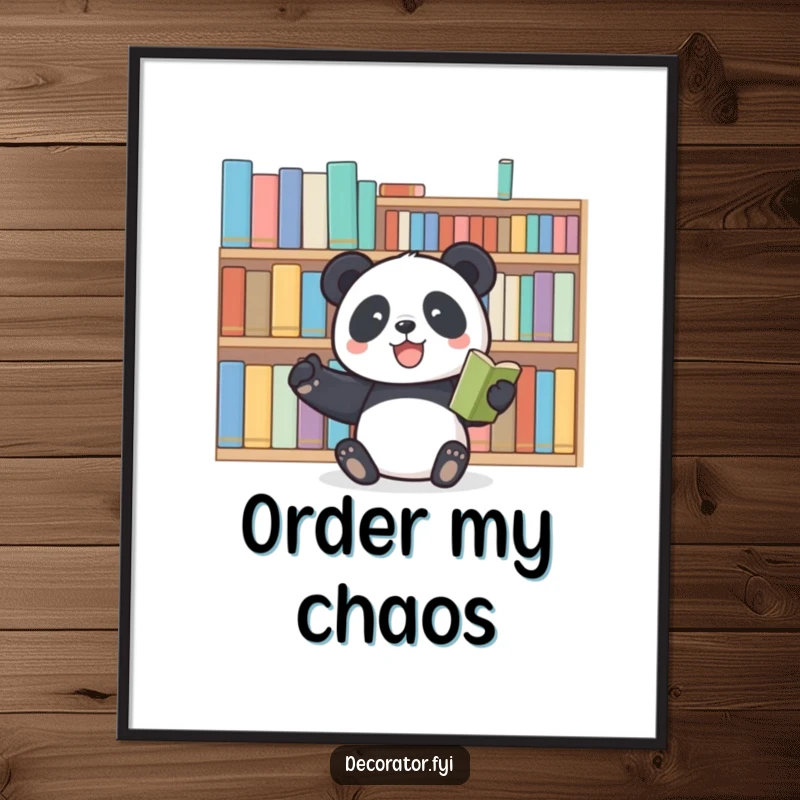 Funny panda poster featuring a joyful panda enthusiastically arranging books on a shelf, perfect for adding literary humor to decor.