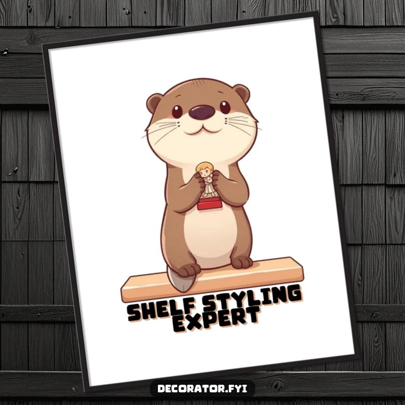 Funny poster print of an otter carefully placing a tiny statue on a shelf, adding a touch of whimsical decor.