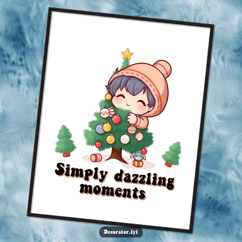 Funny Poster: A playful character is busy adorning a miniature tree with tiny, glittering holiday ornaments.