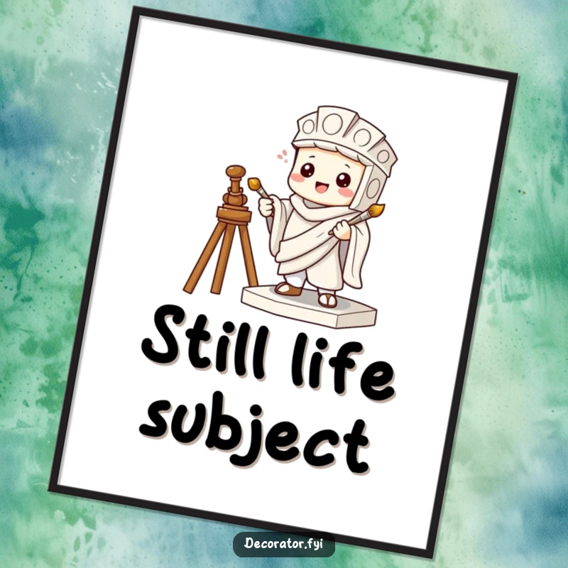 Funny poster featuring a mischievous character pretending to be a statue holding a tiny paintbrush, adding playful humor.