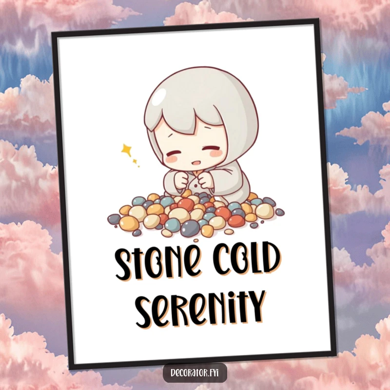 Funny poster of a content character humming while meticulously arranging tiny decorative stones, promoting a sense of calm and humor.