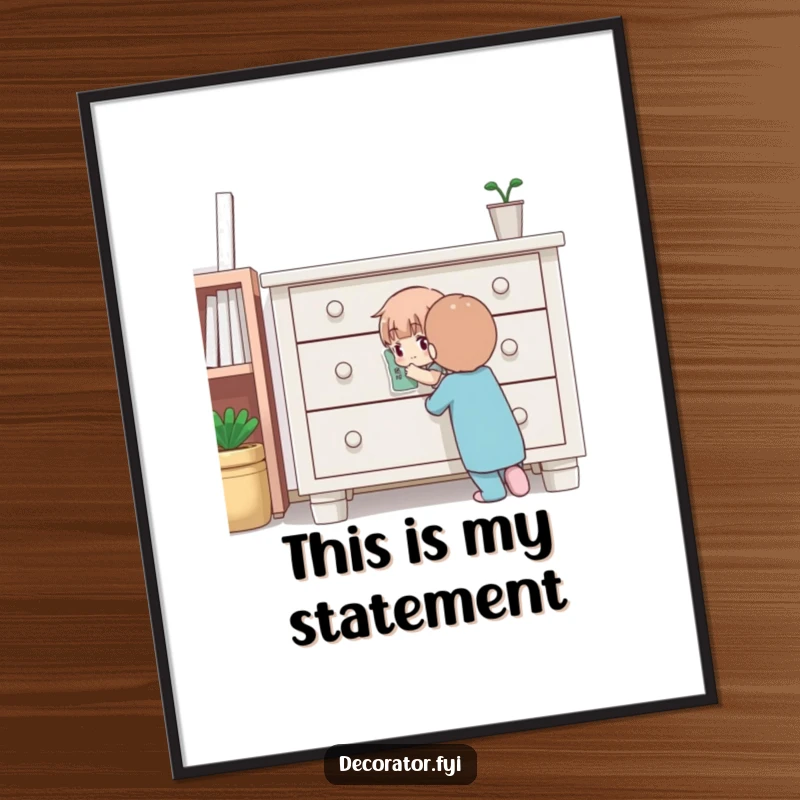 Funny poster of a determined character carefully placing a small sticker onto a piece of furniture, celebrating the art of precise DIY decoration.