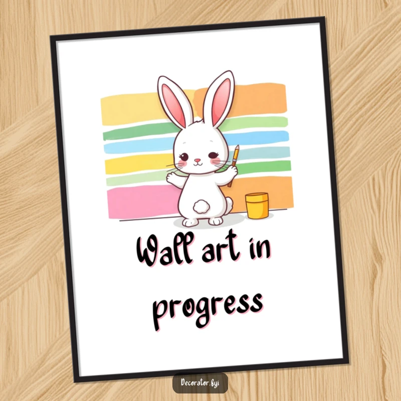 Funny poster featuring a rabbit artist enthusiastically painting colorful stripes on a wall, a vibrant and humorous piece of decor.